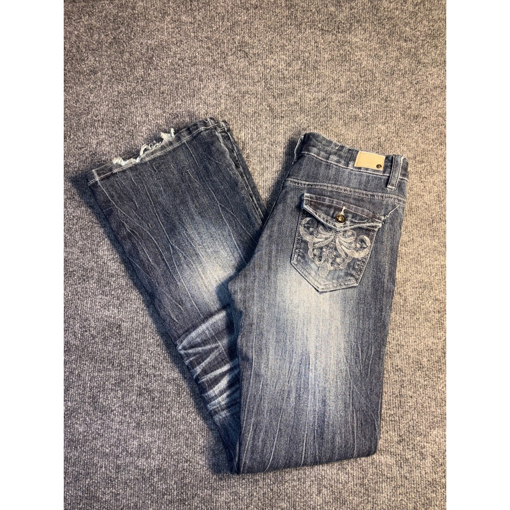 Touch Me Bootcut Jeans‎ Women's 5/6 Dark Blue Distressed Thick Stitch Streetwear